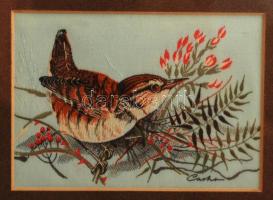 Cash angol finoman kidolgozott gobelin kép, paszpartuban, üvegezett fa keretben, 7×10 cm