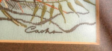 Cash angol finoman kidolgozott gobelin kép, paszpartuban, üvegezett fa keretben, 7×10 cm