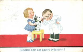 &#039;Remélem nem kap keserű gyógyszert?&#039; / children playing medical examination, W.S.S.B. No. 7252/1, s: John Wills (fa)