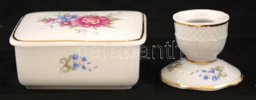 Hollóházi porcelán kis dobozka, gyertyatartó, Alföldi Porcelán sörös korsó, matricásak, jelzettek, h...