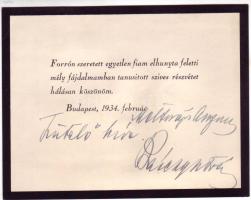 1934 Részvétnyilvánítást köszönő kártya Bárczy István főpolgármester aláírásával