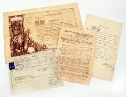 1860-1949  Kis okmány tétel: bizonyítvány 6 és 30 kr okmánybélyeggel, szárazpecséttel; segédlevél, Freudiger Mózes fejléces számla,