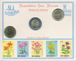 San Marino 3db érme és 5db bélyeg kartonra ragasztva, szuvenír szett T:1 San Marino 3pcs of coins and 5pcs of stamp, glued to cardboard, souvenir set C:UNC