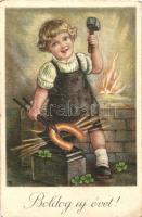 &#039;Boldog új évet!&#039; / New Year, child as blacksmith, horseshoe, clovers (EK)