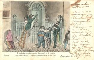 Arrest of the oldest Bourgeois in Brussels for contravening the Police Order of 26 June 1846., Manneken Pis humour