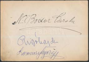 1917-19 Vegyes opera-énekes aláírások,egy lapon 5db:Kálmán Oszkár (1887-1971),basszus; Farkas Sándor (1888-1970),bariton, Bodor Karola (?-?), szoprán; Rigó Magda (1910-1985), szoprán; Losonczy György (1905-1972) basszbariton