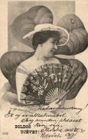 New Year, Lady with hand fan, clover s: Ch. Scolik