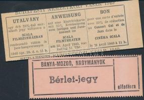 1940 Bánya-Mozgó, Nagymányok Bérlet-jegy, 3x7cm + 25%-os utalvány a Scala Filmszínházba, 3x9cm