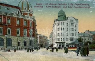 Lviv, Lwów, Lemberg; Karl Ludwigs- und Ecke Jagellonerstrasse / streets, tram (small tear)