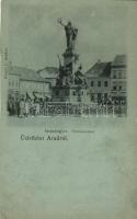 Arad; Szabadság tér, Vértanú-szobor; Daimel Lajos, Schwarz Testvérek, Ries J. és Társa üzletei / square, statue, shops (vágott / cut)