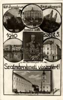 1940 Szatmárnémeti, Satu Mare; Horthy Miklós, Katolikus főgimnázium, Pannónia szálló, Római Katolikus székesegyház, Református templom és főgimnázium, kiadja Kósa fotó, a bélyeg alatt beragasztott kis Nemzeti Zászló / grammar school, hotel, church, small Hungarian National Flag under the stamp, 'Szatmárnémeti visszatért' So. Stpl., photo