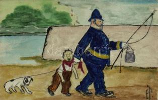 Hand-painted postcard, gendarme with boy, humour s: E.T. (wet damage)