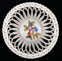 Viktória mintás Herendi fonott kosár, kézzel festett, jelzett, apró kopásnyomokkal, d: 12 cm