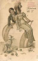 Easter, couple, egg, lamb, Ser. 554. Emb. litho