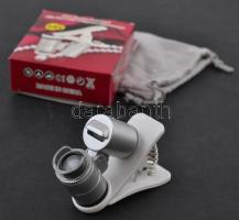 Új, mobiltelefon kamerájára szerelhető 60x-os LED-es nagyító hozzá rögzített lámpával, eredeti doboz...