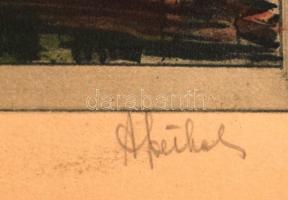 Olvashatatlan jelzés: Utcarészlet, nyomat, papír, üvegezett fa keretben, 14×16 cm