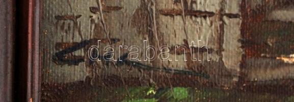 Olvashatatlan jelzés: Mediterrán utcarészlet, olaj, vászon, fa keretben, 23×18,5 cm