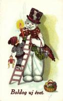 New Year, pipe smoking snowman, litho (EK)