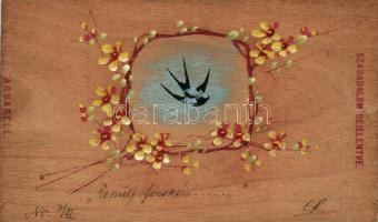 Hand-painted wooden art postcard, floral greeting card; kapható Szabadság nyomdában (b)