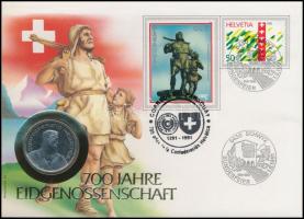 Svájc 1988. 5Fr Cu-Ni érme felbélyegzett borítékban, &quot;700 éves a Konföderáció&quot;, német nyelvű ismertetővel T:1 Switzerland 1988. 5 Francs Cu-Ni coin in envelope with stamp, &quot;700th Anniversary of the Confederation&quot;, with information in German C:UNC