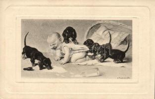 Baby with Dachshund dogs, humour s: A. Roeseler
