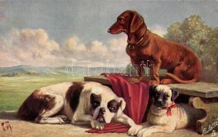 Drei Gute Freunde / Dogs, Raphael Tuck & Sons Oilette Serie Hundegruppen No. 467., artist signed