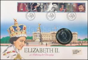 Falkland-szigetek 1992. 50P Cu-Ni "II. Erzsébet uralkodásának 40. évfordulója" érme bélyeges borítékban német nyelvű ismertetővel T:1 Falkland Islands 1992. 50 Pence Cu-Ni "40th Anniversary - Reign of Queen Elizabeth II" coin in envelope with stamps, with information in German C:UNC