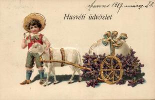 'Húsvéti üdvözlet' / Easter, child with lamb, golden decoration, litho, Emb.