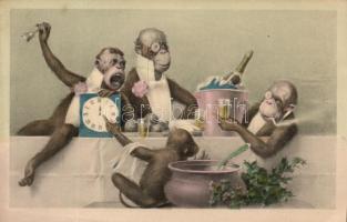 Drinking and smoking Monkeys in monocle, M. Munk No. 870 (EK)