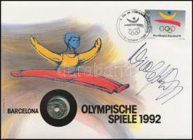 Spanyolország 1990. 25P Ni-Br "Barcelona Olimpia 1992" érme bélyeges borítékban, német nyelvű ismertetővel T:1 Spain 1990. 25 Pesetas Ni-Br "1992 Olympics Barcelona" coin in envelope with stamp, with information in German C:UNC