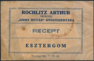 1929 Rochlitz Arthur, &quot;Szent István&quot; gyógyszertára, Esztergom receptboríték benne recepttel, 7x12cm