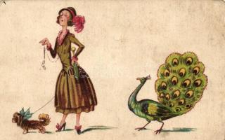 Lady, dog, peacock, humour, WSSB 1419. litho (gluemark)