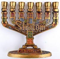 Réz festett menóra &quot;Shalom Jerusalem&quot; felirattal, m:10 cm