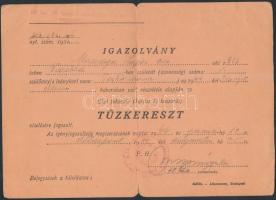 1944 Tűzkereszt igazolvány, M.kir. honvéd tábori tüzérosztály parancsnokság, kiállítva a fronton, 15x21cm