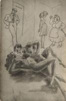 6 old humorous, graphical, erotic and pornographic postcards, mixed quality, s: Stefán