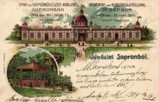 1904 Sopron, Ipar és Képzőművészeti kiállítás, főcsarnok, zene csarnok, Geisse H. litho (ázott sarok / wet corner)