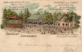 1904 Sopron, Ipar és Képzőművészeti kiállítás, Erzsébet ligeti vendéglő, Geisse H. litho (vágott / cut)