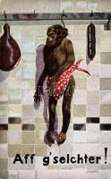 Aff g&#039;selchter! / Monkey hanging next to ham and sausage, bizarre