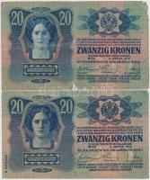 1913. 20K I. kiadás csehszlovák bélyeggel + 1913. 20K II. kiadás piros "MAGYARORSZÁG" felü...