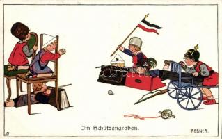 &#039;Im Schützengraben&#039;, children playing in furniture trenches, reflection to the events of World War I, M. Munk No. 944, s: Pauli Ebner (EK)