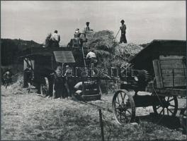 cca 1945 Cséplőgép, kartonra kasírozott, feliratozott fotó, 18x24 cm