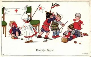 &#039;Deutsche hiebe!&#039;, children playing as german soldiers beating up a Scottish dressed child, reflection to the events of World War I,  M. Munk No. 944, s: Pauli Ebner