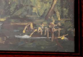 Bánfi József (1936-): Pécázó. Olaj, karton, jelzett, üvegezett keretben, 23×33 cm