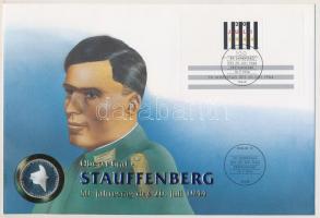 Németország 1994A 10M Ag &quot;Német ellenállás&quot; érme, első napi bélyeggel és bélyegzéssel &quot;Oberst Graf von Stauffenberg&quot; borítékban, német nyelvű ismertetővel T:PP patina Germany 1994A 10 Mark Ag &quot;German Resistance&quot; coin in &quot;Oberst Graf von Stauffenberg&quot; envelope with first day stamp and information in German C:PP patina