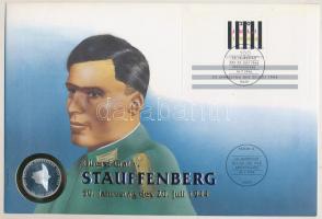 Németország 1994A 10M Ag &quot;Német ellenállás&quot; érme, első napi bélyeggel és bélyegzéssel &quot;Oberst Graf von Stauffenberg&quot; borítékban, német nyelvű ismertetővel T:PP patina Germany 1994A 10 Mark Ag &quot;German Resistance&quot; coin in &quot;Oberst Graf von Stauffenberg&quot; envelope with first day stamp and information in German C:PP patina