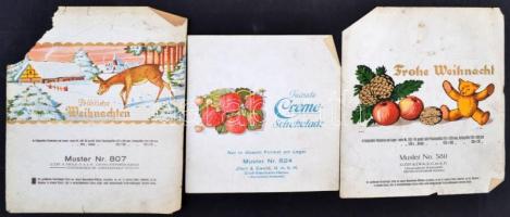 cca 1920 Csokoládépapír grafika tervek. 13 db különböző csokoládépapír, kissé koszosak / cca 1920 De...