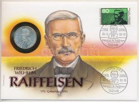 NSZK 1968J 5M Ag &quot;Friedrich Wilhelm Raiffeisen&quot; érme felbélyegzett borítékban, német nyelvű információval T:1- FRG 1968J 5 Mark Ag &quot;Friedrich Wilhelm Raiffeisen&quot; coin in envelope with stamp, with information in German C:AU