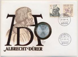 NSZK 1971D 5M Ag "Albrecht Dürer" érme felbélyegzett borítékban, német nyelvű információval T:1- patina FRG 1971D 5 Mark Ag "Albrecht Dürer" coin in envelope with stamp, with information in German C:AU patina