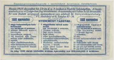 1925. "Hadirokkantak, Hadiözvegyek, Hadiárvák Nemzeti Szövetsége Tárgysorsjátéka" sorsjegy...