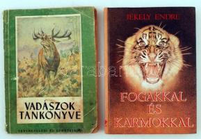 2 db könyv-Jékely Endre: Fogakkal és karmokkal. Mendemondák és történetek a ragadozókról. 1986, Natura. Kiadói kartonált kötés, jó állapotban; Vadászok tankönyve. Testnevelési és Sportkiadó. Kiadói papírkötés, viseltes állapotban.